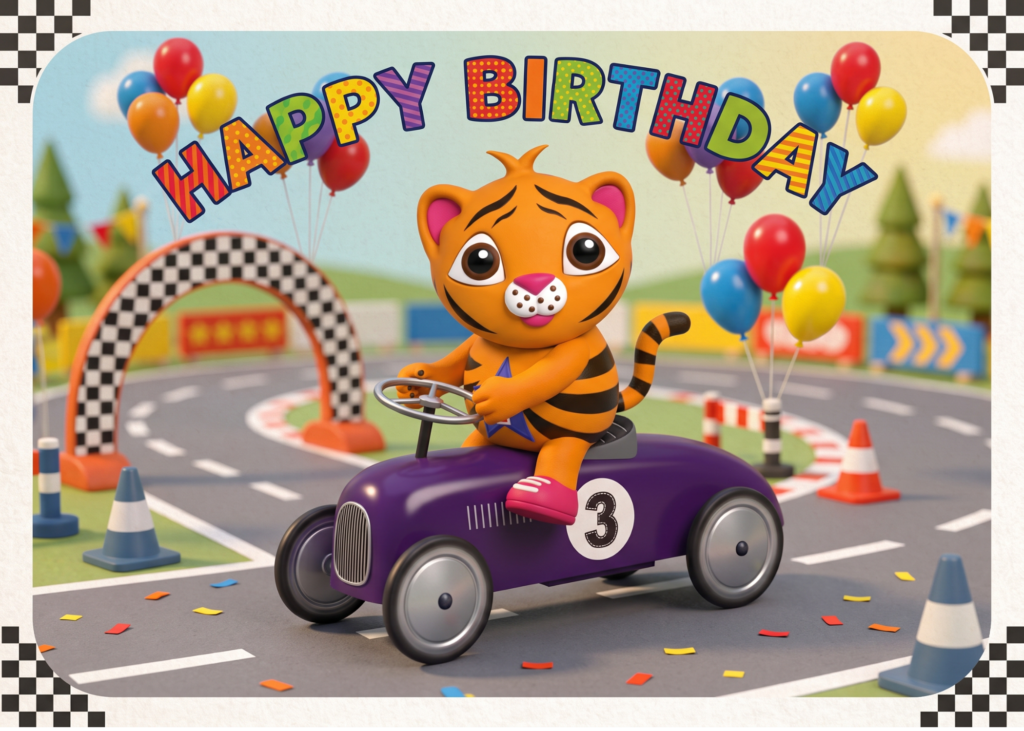 Tess Tigress 3rd Birthday Racing Car Card | WILDSTARZ