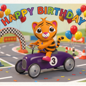 Tess Tigress driving a purple number 3 racing car on a colourful WILDSTARZ 3rd birthday card