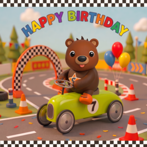 Striker Sunbear driving a lime-green number 7 racing car on a colourful WILDSTARZ 7th birthday card