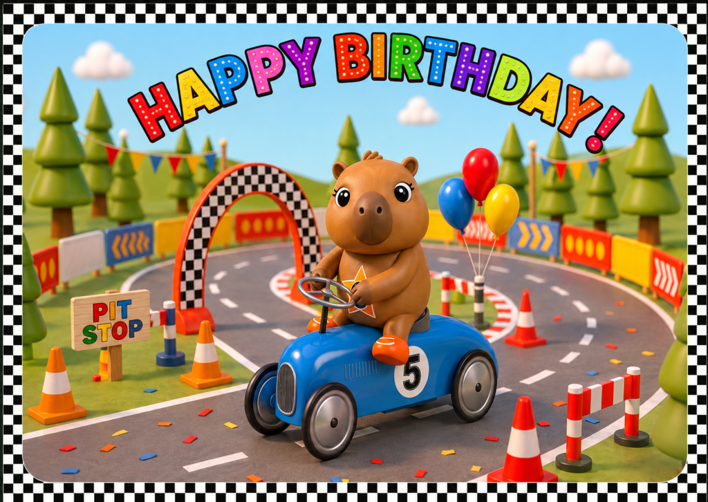 Cara Capybara 5th Birthday Racing Car Card | WILDSTARZ