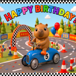 Cara Capybara driving a blue number 5 racing car on a colourful WILDSTARZ 5th birthday card