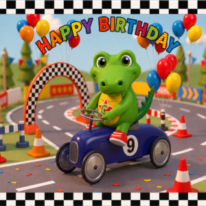Cedric Croc driving a dark blue number 9 racing car on a colourful WILDSTARZ 9th birthday card