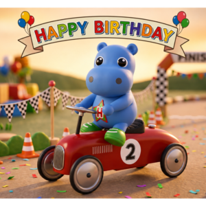 Hugo Hippo 2nd Birthday Racing Car Card | WILDSTARZ