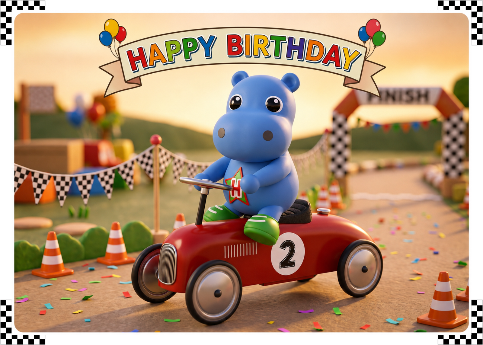 Hugo Hippo 2nd Birthday Racing Car Card | WILDSTARZ