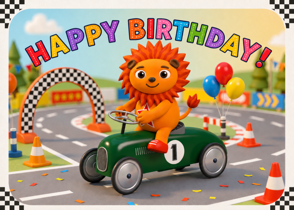Leon Lion Racing Car 1st Birthday Card for Kids | WILDSTARZ