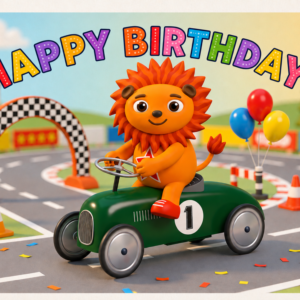 Leon Lion driving a green number 1 racing car on a colourful WILDSTARZ 1st birthday card