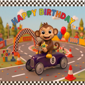 Monty Monkey driving a purple number 8 racing car on a colourful WILDSTARZ 8th birthday card