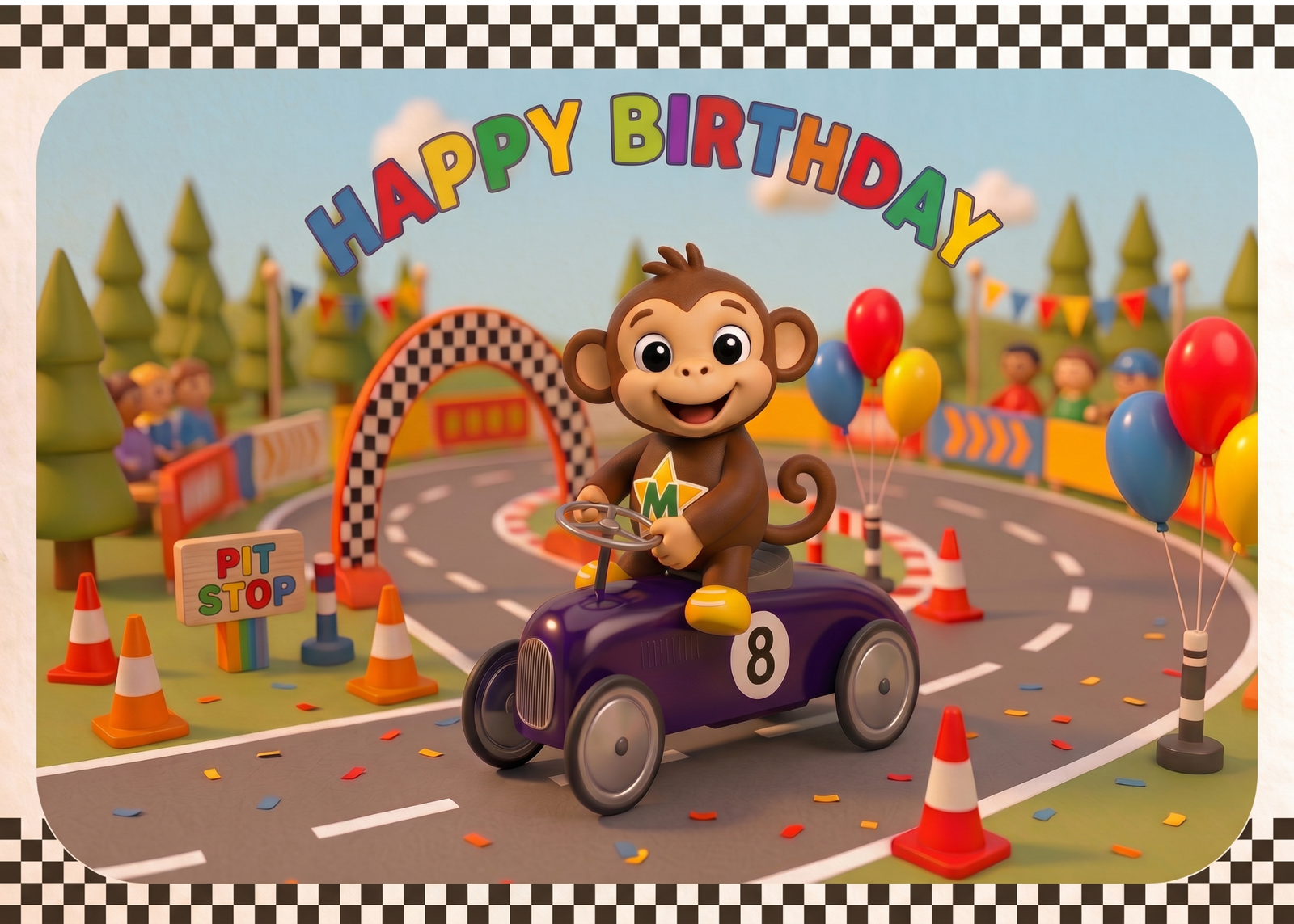 Monty Monkey driving a purple number 8 racing car on a colourful WILDSTARZ 8th birthday card