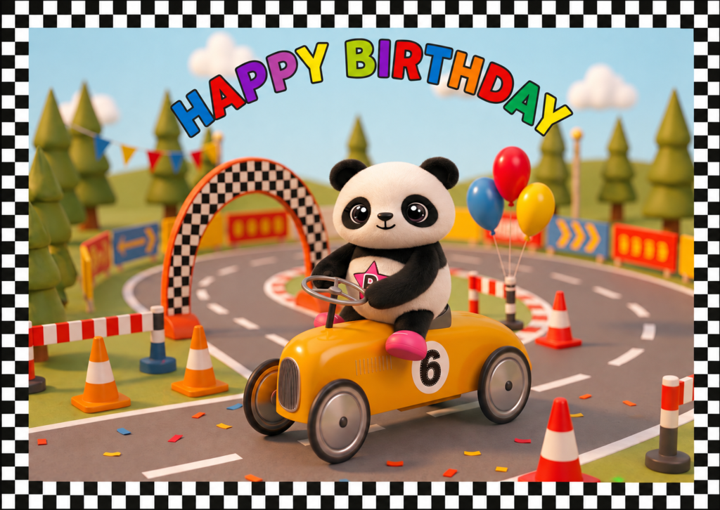 Pandora Panda 6th Birthday Racing Car Card | WILDSTARZ