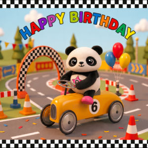 Pandora Panda driving a sunshine-yellow number 6 racing car on a colourful WILDSTARZ 6th birthday