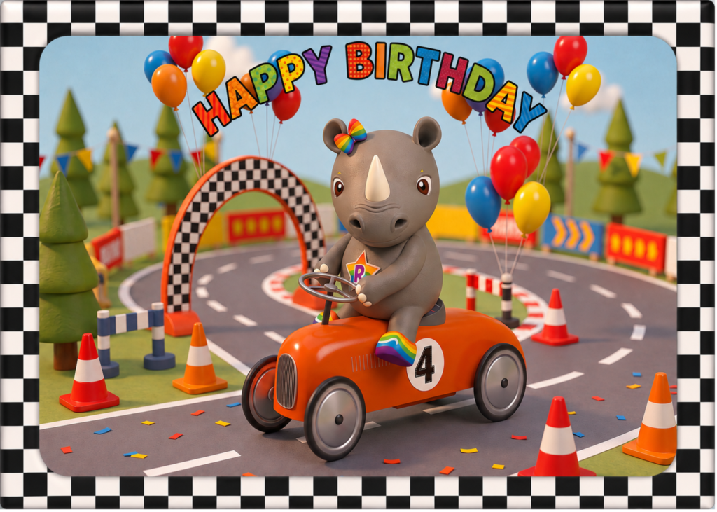 Reynbo Rhino 4th Birthday Racing Car Card | WILDSTARZ