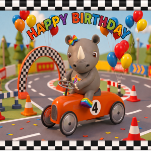 Reynbo Rhino driving an orange number 4 racing car on a colourful WILDSTARZ 4th birthday card